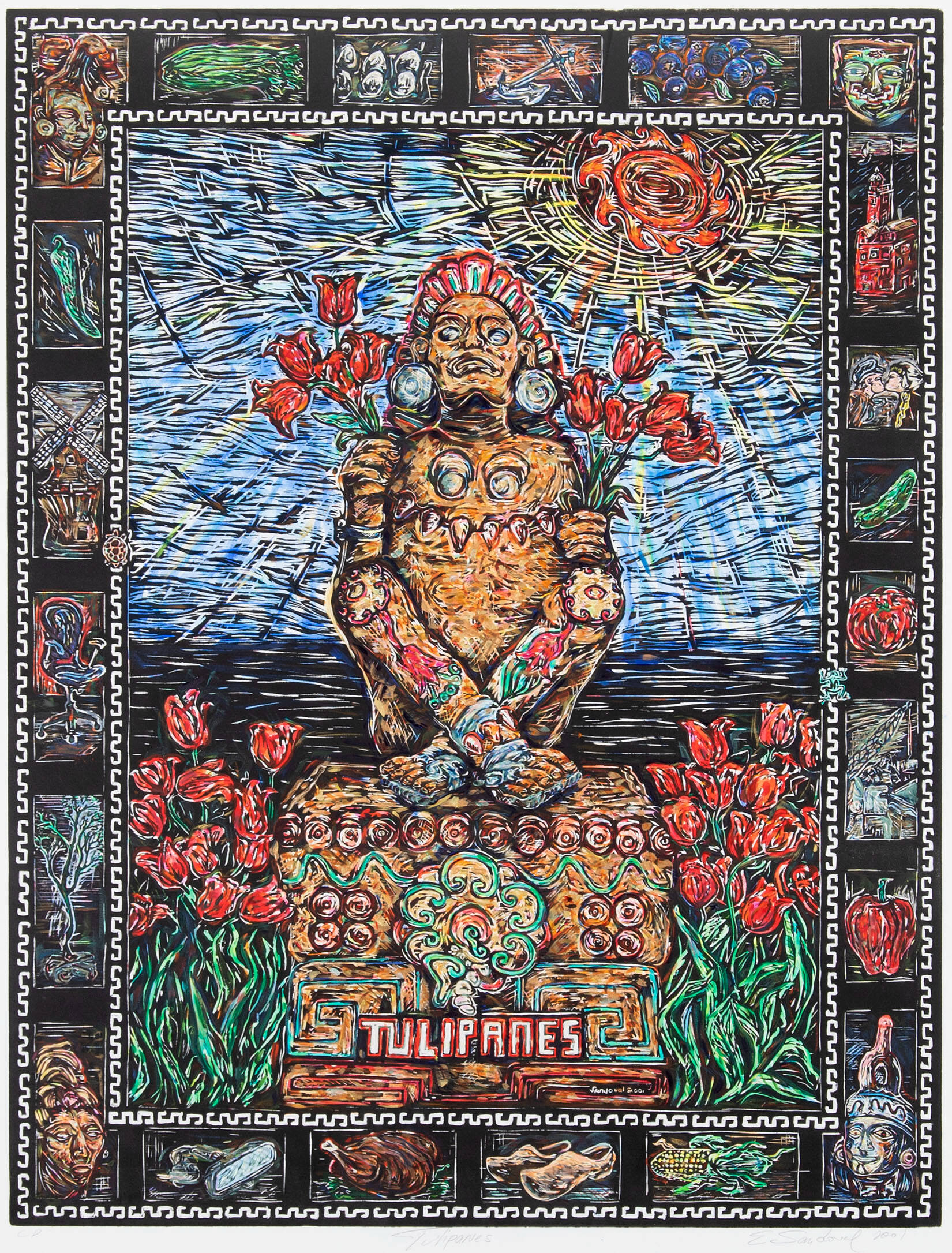 Poster of a seated figure holding tulips. Border with smaller images and the words "Tulipanes."
